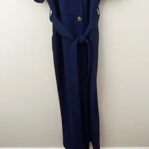 FRNCH | Laurine Jumpsuit Navy Blue Tie Belt Puffed Sleeve Button | Medium