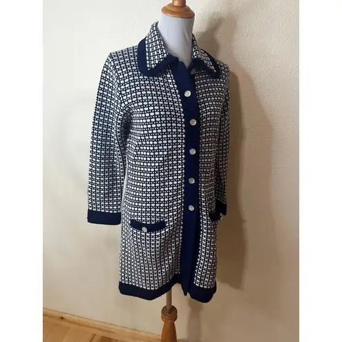 Sweater Bee Vintage Womens Navy White Checkered Knit Cardigan Jacket Size SMALL Blue