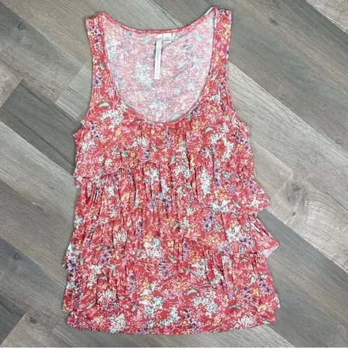 LC Lauren Conrad  Floral Tiered Ruffle Tank Top Coral Multi XS Jersey Knit