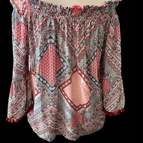 Grand & Greene off the shoulder ruffled sleeves w/ pom pom trim cute & colorful Red Size L
