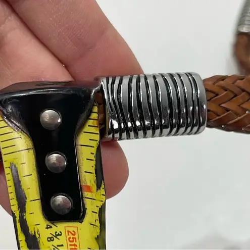 Chico's  Brown Leather Braided Silver Logo Accents Chain Belt Statement 39'' Boho