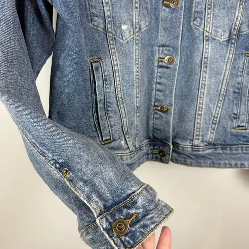 Ella Moss Denim Trucker Jacket Women Large Blue Distressed Button Front Western