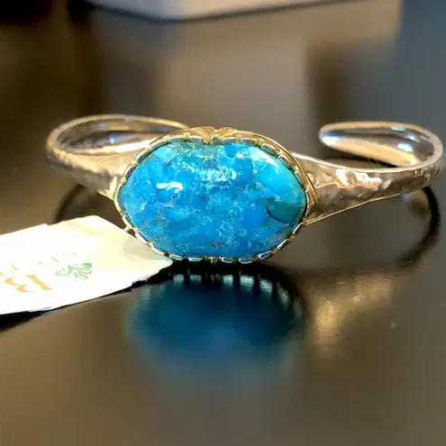 Sterling Silver BARSE Turquoise Cabochon Inlay Bangle w Brass Trim NWT