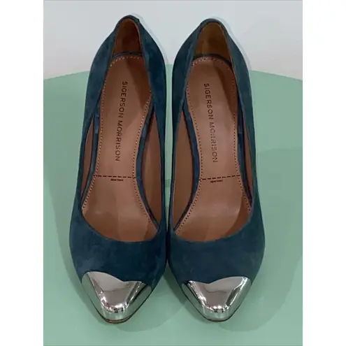 $495 SIGERSON MORRISON Womens Sz 7B green suede silver cap toe pumps shoes