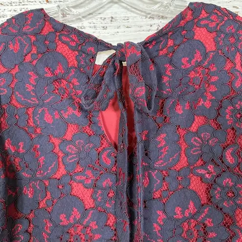 WAYF  Navy and Red Lace Overlay Sheer Bell Sleeve Tie Back Dress, EUC, Medium