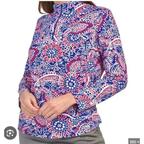 IBKUL Shirt Womens Small Blue Red White Paisley Quarter Zip Long Sleeve Golf