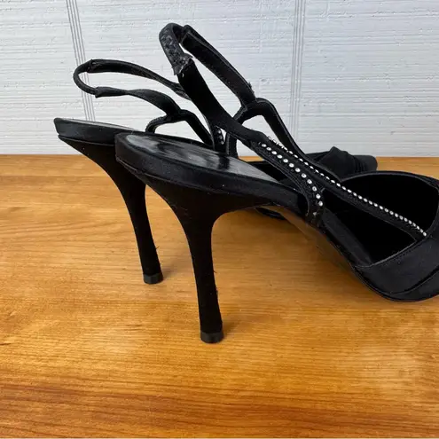 Richard Tyler Black Ruched Satin Pointed Toe Stiletto Heels Rhinestone Slingback Size 9