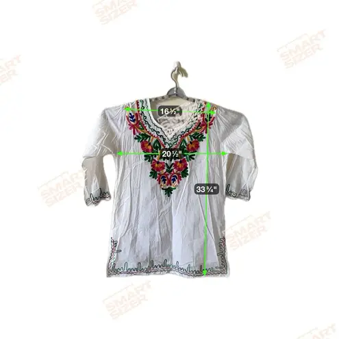 Sun Flower White Tops/Blouses Colorful Hand Stitched Mexican Style 100% Cotton Size XL