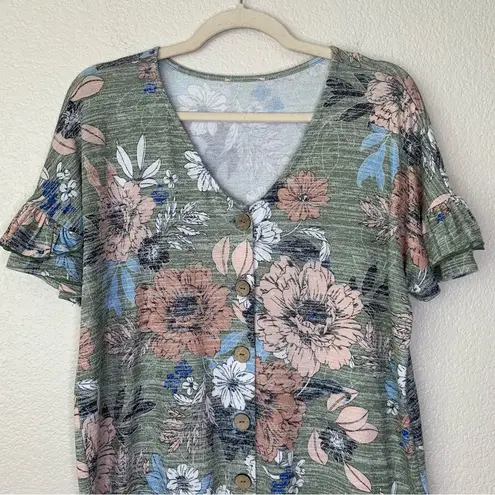 cupio  Button Down Floral V-neck Short Ruffle Sleeves Top