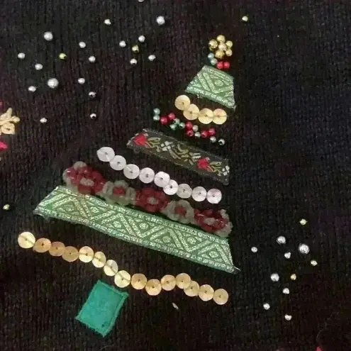 Vintage Christmas Beaded Sequin Sweater Cardigan Size Medium Ugly Christmas Black