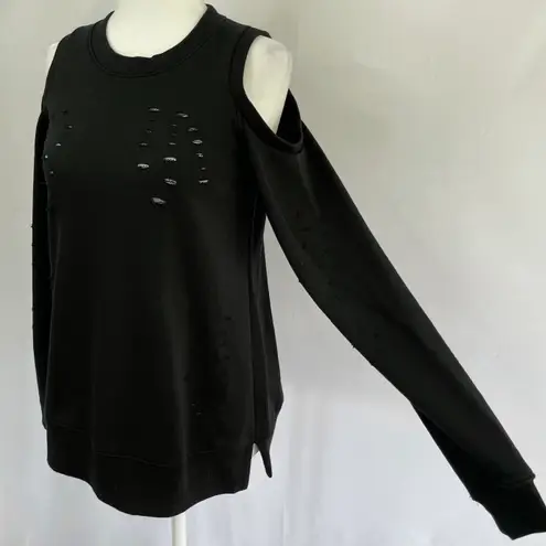 Central Park West New Distressed Cold Shoulder Zip Back Los Feliz Sweatshirt Black