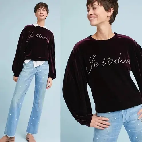 MISA Los Angeles Je T'Adore Velvet Sweatshirt French Embroidered in Plum Size M