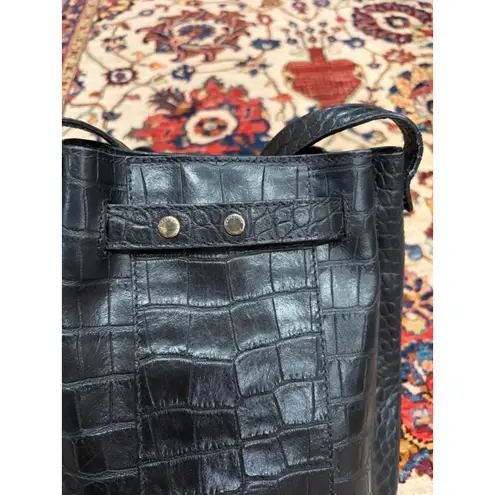 DeMellier London Black Croc Embossed Leather Bucket Bag Crossbody READ