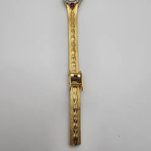 Vintage Elgin Gold Tone Ruby & White Sapphire Watch Red