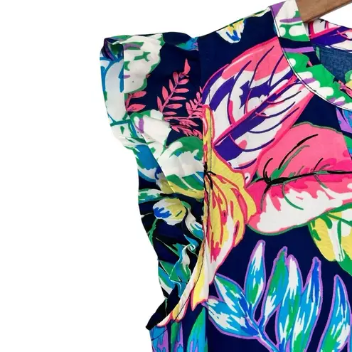 Jodifl midi Dress S Floral V Neck Short Ruffle cap Sleeve with pockets Blue