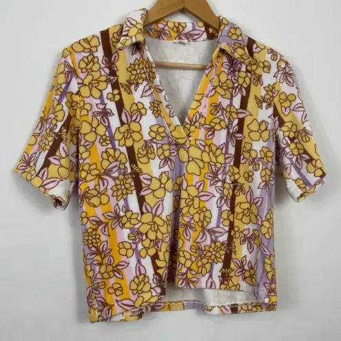 Wilfred Free Floral Print Terry Cloth Short Sleeve V Neck Top XS