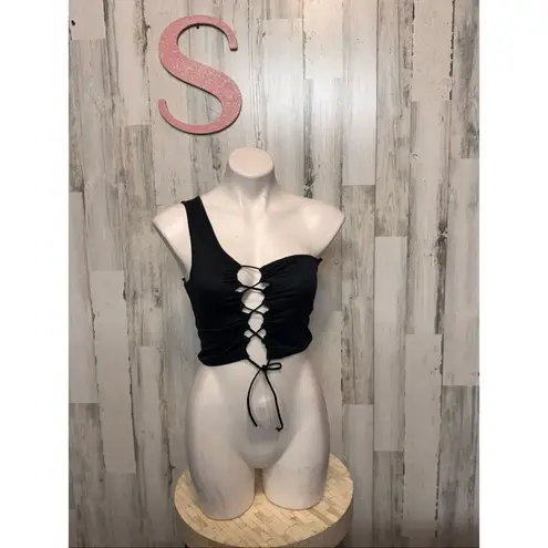 Forever 21  Black One-Shoulder Lace-Up Crop Top – Size Small