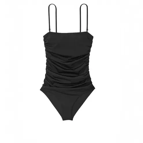 None Solid Black Ruched Square Neck Cheeky One-Piece Swimsuit Size Medium