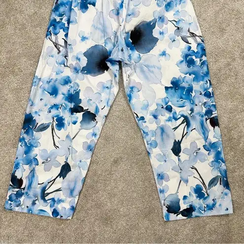 Bryn Walker Fioro Cotton Print Blue White Capri Cropped Pants Coastal Size XL