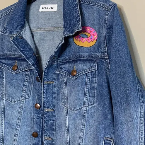 DL1961  Denim Jean Jacket Size L Blue Custom Patches Donut Ice Cream Applique