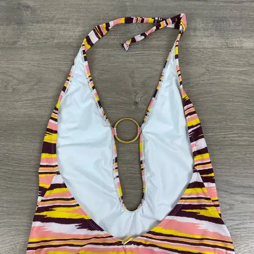 VIX by Paula Hermanny Brown&Yellow Watercolor Stripe Deep Plunge One Piece Sz.L Brown Size L