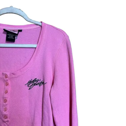 Harley Davidson Top Womens Large Pink Waffle Knit Tee Long Sleeve Cotton Blouse