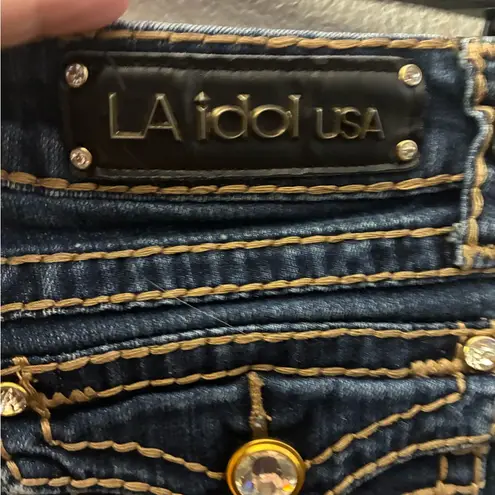 L.A. Idol Bootcut Rhinestones Accent Contrast Stitches Dark Wash Flap Pockets 7 Blue Size undefined