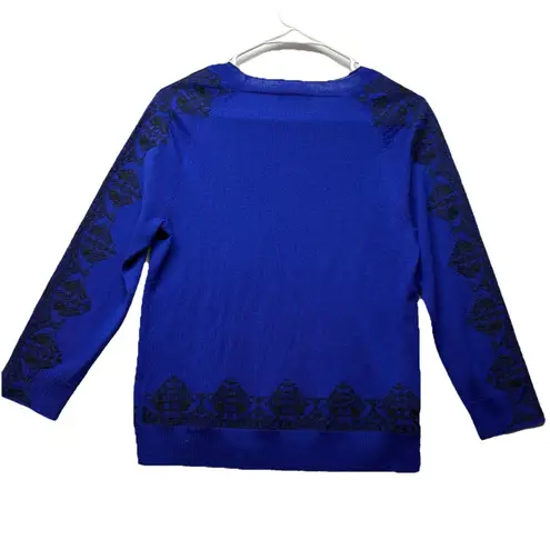 J. Crew Dark Blue Black Embroidered Crew Neck 100% Merino Wool Sweater Size XS