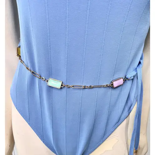 River Island Baby Blue One Piece Swimsuit w/ Scoop Neck and Pastel Chain Belt