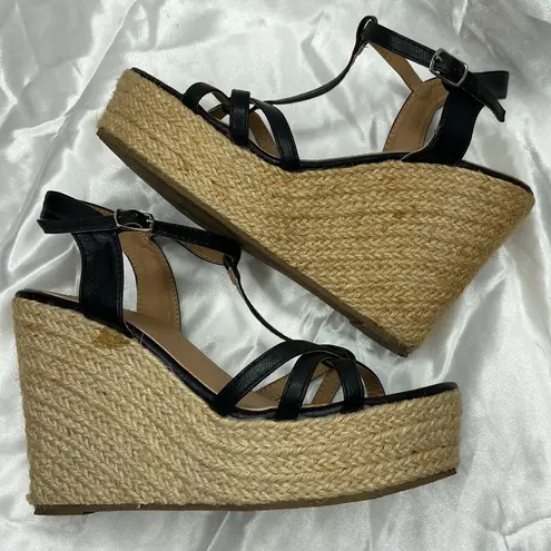 Krush Women’s Black Woven Strappy Open Toe Wedge Platform Sandals Size 6