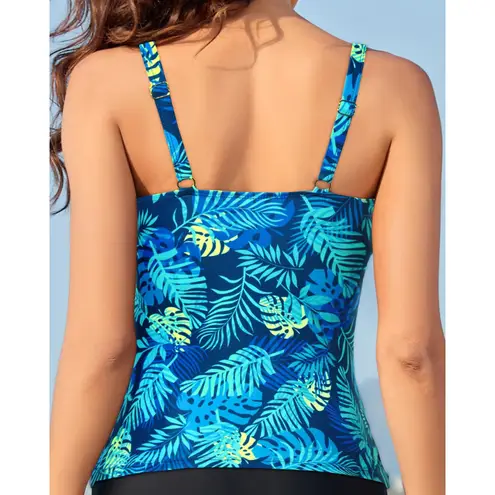 Aqua Eve Tankini Top Women L Blue Tropical Leaves Ruched Tummy Control Beach Size L