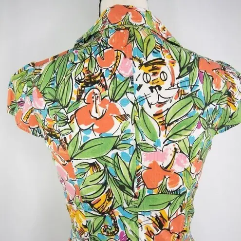 Vintage floral print short sleeve jacket, green and red, cotton blend Size XXS