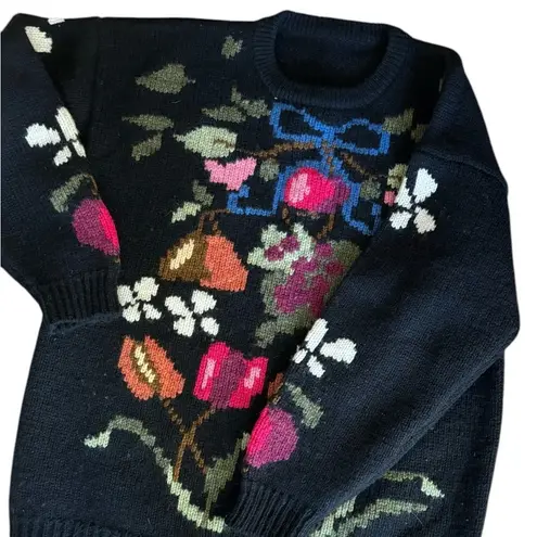 Susan Bristol VTG 80’s Wool Black Cottage-Core Sweater Bright Florals M Crewneck