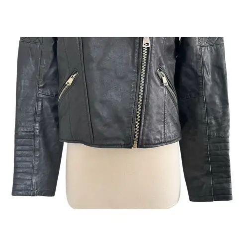 River Island Vintage Quilted Leather Moto Biker Black Jacket Size UK 12 US 8