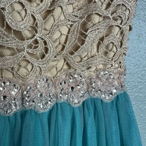 Jodi Kristopher  Party Dress Cream Teal Lace Bodice Mini Short Juniors 1