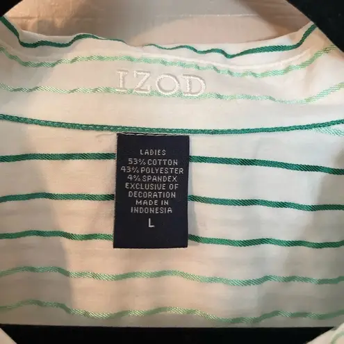 IZOD white/green striped button down long sleeve women’s poly blend top. Size L.