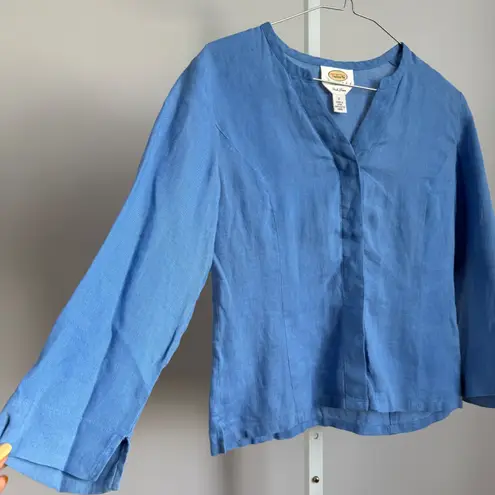 Talbots  Petites Irish Linen Blue Button Down Top Petite Size 2 V Neck Shirt - Image 4