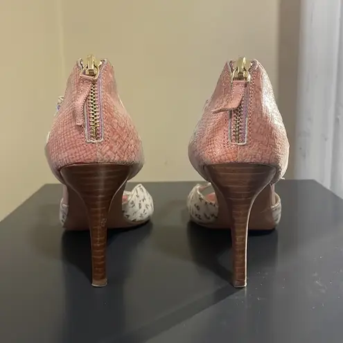 Miss Albright ANTHRO Pink White Multi Floral Peep Toe Back Zip Heels EUC 7.5