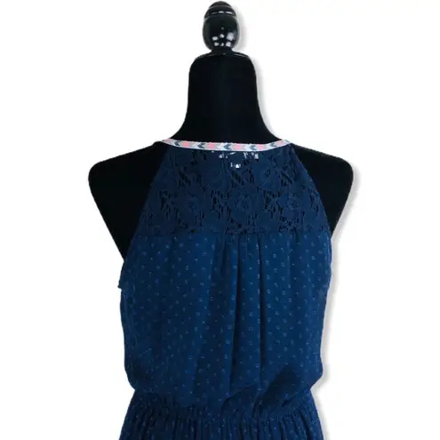 Daniel Rainn Navy Swiss Dot Keyhole Sleeveless Ribbon Trim Maxi Dress size M