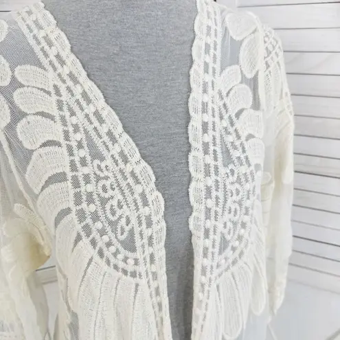 Rebellion  Again Lace Boho Kimono Cadigan Duster Cream Small Midi