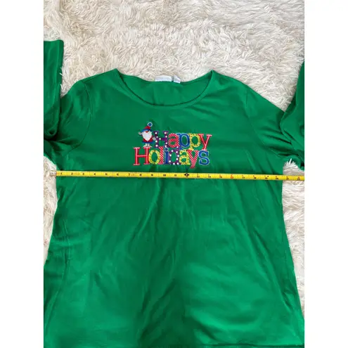 kim rogers XL Green Happy Holidays Santa Holiday Embroidered Long Sleeve Top
