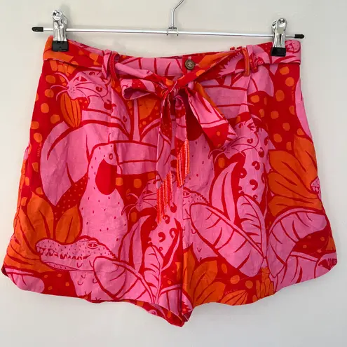 Farm Rio x Anthropologie Belted High Rise Linen Blend Tropical Print Shorts