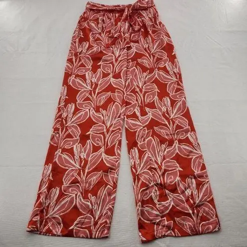 Sincerely Jules  Small Satin Wide Leg Dress Pant Orange Tropical Floral Tie Belt