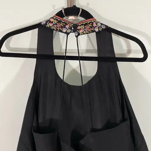Kenar Vintage Black with Floral Embroidery Linen Blend Halter Maxi Dress Size 14