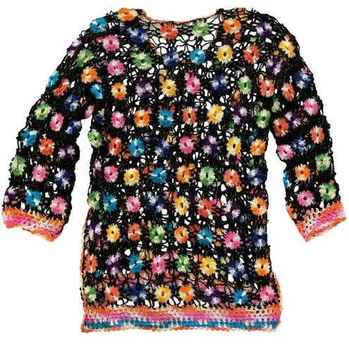 Handmade Black Crochet Multicolor Flower Tunic Swim Cover Top Small