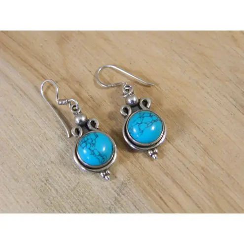 Vintage Sterling Silver Blue Turquoise Earrings, Turquoise Hook Post Earrings