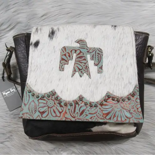 MYRA BAG Eagle Embossed Studded Leather Cowhide Concealed Carry Shoulder Bag Black