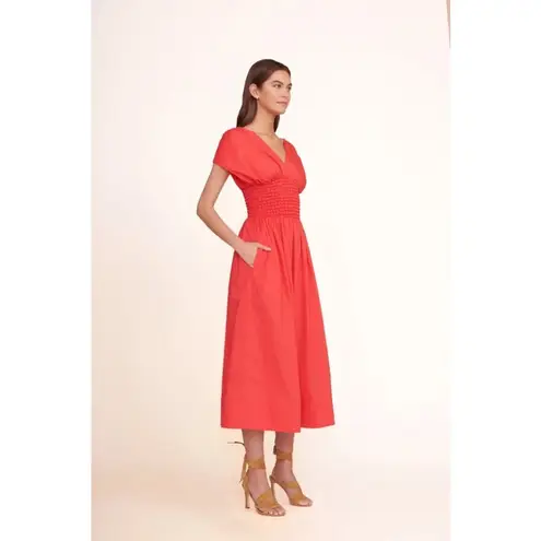 STAUD Jackson Hibiscus Red Smocked Midi Dress Cotton Poplin Holiday Fit & Flare
