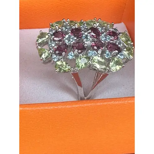 925 Sterling Silver Ring Peridot Garnet White Topaz Natural Gemstone Size 8