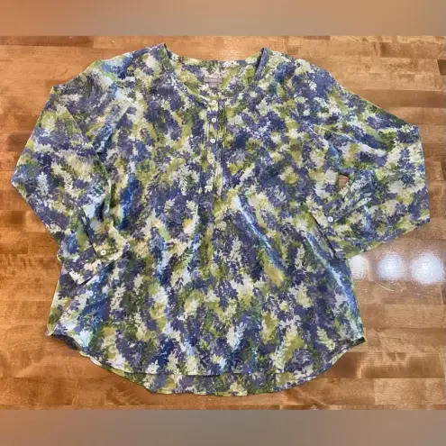 J. JILL Floral Print Cotton and Silk‎ Blouse Size Small Petite Green/Blue Blue
